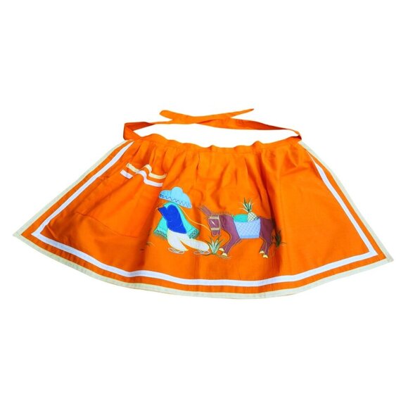 Vintage Apron Appliqued Mexican Farmer & Donkey Orange - Picture 2 of 4